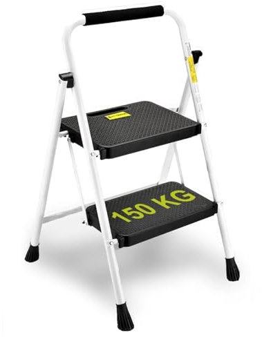 HYTAMA Scala Sgabello Pieghevole con Ampio Pedale Antiscivolo, Scala in Acciaio Robusta, Impugnatura Comoda, Leggera, Sgabello Portatile in Acciaio, Certificata EN14183 (BIANCO, 2 Gradini)