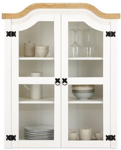 IDIMEX Vitrina Campo con 2 puertas de madera maciza, color blanco – Accesorio buffet para cómoda, armario de cocina con puertas de cristal, cajonera estilo rústico, herrajes de metal negro