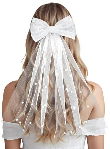 Brautschleier Kurz Perle Frauen- Schleier Haarschleife Braut Schleier Softtüll Weißer Elegante Tüll für Damen Mädchen Junggesellenabschied Brautparty Hochzeitsfotografie Haarschmuck