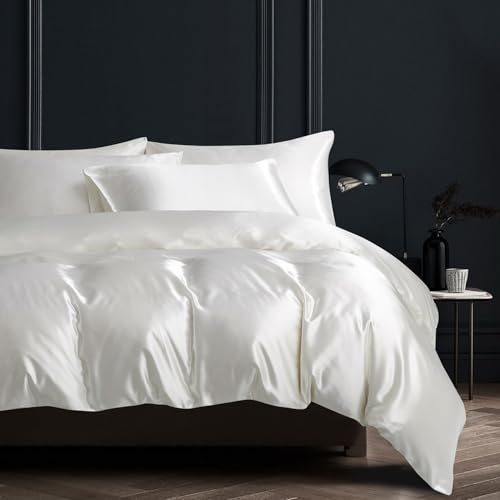 YASMENG Housse de Couette Satin 220x240 Blanc Uni Brillant Deluxe Parure de Lit Satin Doux Lisse Soyeux Soie Linge de Lit 2 Personne Adulte avec Fermeture Éclair et Taies d'oreiller 65x65 cm