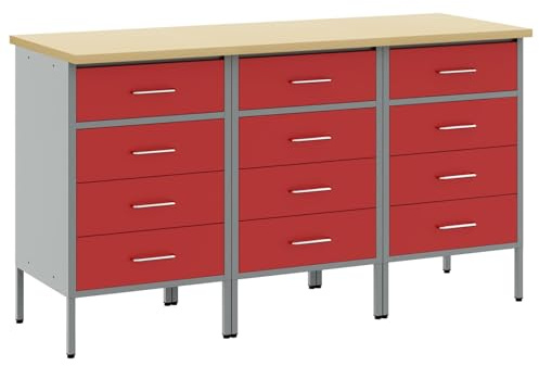 vidaXL Werkbank mit Schubladen 3 STK. Rot und Grau 150 x 55 x 85 cm