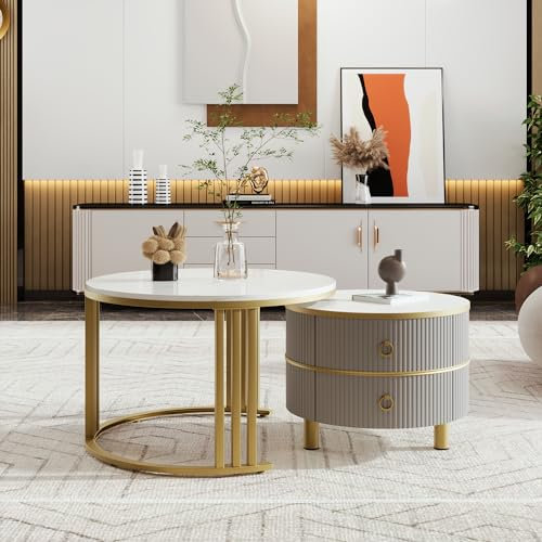 Jaxenor Round Coffee Table for Living Room, Bedroom, Office, Balcony, Small Coffee Table with Storage, Nesting Tables with 2 Storage Drawers, Sturdy Metal Frame, White+gray