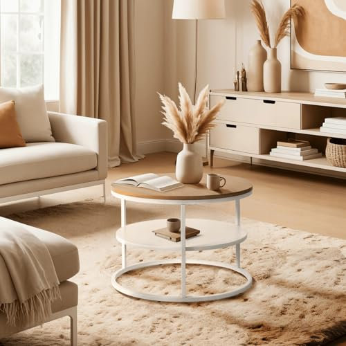 MEBEL ELITE Couchtisch Rund 70 x 49,5 cm – Modern Wohnzimmertisch Holzoptik/Weiß mit Stauraum – Sofatisch Rund für Wohnzimmer und Büro – Runder Tisch mit pflegeleichter Oberfläche