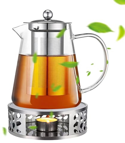 Neuytiky 1300ml Teekanne Glas mit Siebeinsatz und Stövchen,Tee Stövchen aus Edelstahl Borosilikatglas Teebereiter Teewärmer, Teekanne Suit für Losen Tees Fruchttee Duftender Te