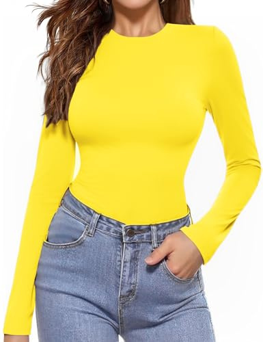 Aottori Womens Long Sleeve Tops Ladies Crew Neck Thermal Base Layer Underwear Basic Undershirt Elegant Pullover Tee Shirts Yellow XL
