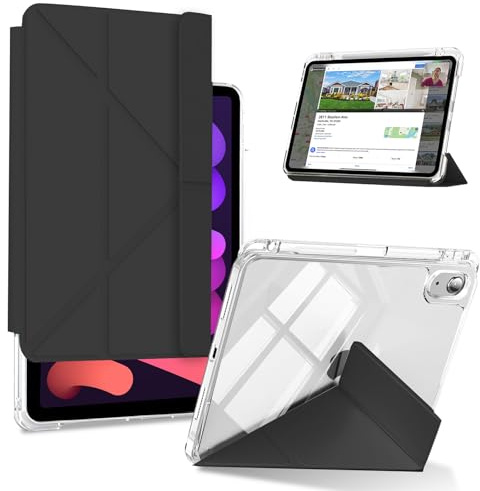 KeeFos Hülle für iPad mini 7(A17 Pro, 2024 Modell, 7.Generation) / iPad mini 6(A15, 2021 Modell, 6.Generation) 8.3 Zoll, Transparente Schutzhülle, Abnehmbar Ständer, mit Stifthalter - Schwarz