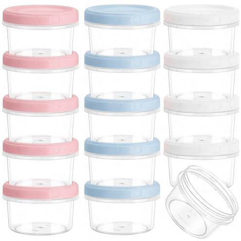 Hikrxya 15 Pcs 200ml 7oz Plastic Food Containers with Lids White Blue Pink | Plastic Food Storage Containers 200ml with Lids Airtight Stackable Reusable Freezer Dishwasher Microwave Safe