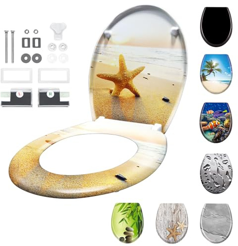 SAILUN Toilet Seat with Soft Close Feature, Quick Release for Easy Clean, O Shape Universal Size with Adjustable Hinges, Toilet Lid Hard Plastic Antibacterial, Starfish