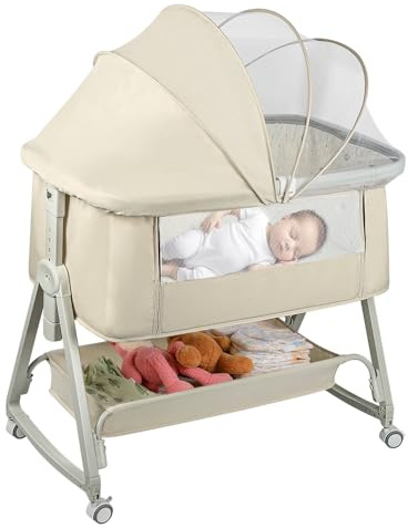Supfine Berceau Cododo avec Moustiquaire, Lits bébé Lit Cododo 4 en 1, 6 Niveaux de Hauteur, Inclinaison Réglables, 4 Roues (Beige)