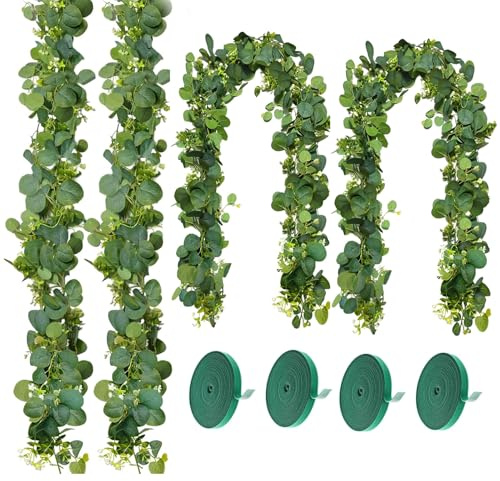 4 Stück Eukalyptus Girlande und 4 Stück Pflanzen Klettband, 1,8m Girlande Eukalyptus Deko mit Grünen Blättern & Weißen Blumen für Hochzeiten, Partys, Tischdekorationen, Türrahmen, Treppen und Garten