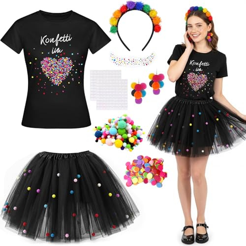 Konfetti Kostüm Damen Set, Karneval Kostüm Fasching Outfit mit Konfetti T-Shirt, Tütu Rock mit Pompons, Regenbogen Haarreif & Ohrringen, Tattoo Sticker & DIY Accessoires Party Cosplay Halloween