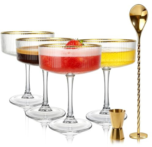 Vessyn Cocktailgläser 4er Set mit Goldrand & Cocktail Zubehör | Gerippte Martinigläser 318ml | Champagner Schalen | Vintage Coupe Gläser inkl. goldenem Löffel & Jigger | Ideal als Geschenk