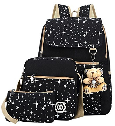 Star Print Girls Black Childrens Backpacks for School, School Bags for Teenage Girls Primary Secondary School, with Crossbody Bag, 3 Pieces