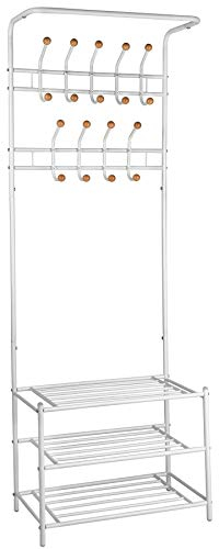 tectake Garderobenständer Kleiderständer Garderobe mit 3 Schuhablagen | 18 Gardarobenhaken | 66 x 187 x 33 cm (BxHxT) | -diverse Farben- (Weiß | no. 402489)