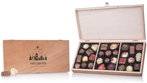 CHOCOLISSIMO Schokolade Geschenk - 30 handgefertigte Pralinen zu Weihnachten in edler Verpackung, Weihnachtspralinen in Holzkiste - Weihnachtsschokolade, Geschenkidee Nikolaus, Advent - Merry Prestige