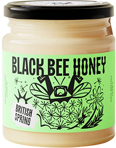 Black Bee Honey - Pure British Spring Soft Set Honey, Creamy and Lightly Sweet, Unprocessed Single Source from Hive to Jar, Never Blended - Delicious on Toast, Soothing in Drinks, 227g Glass Jar