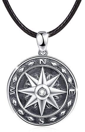 KINGWHYTE Kompass Halskette 925 Sterling Silber Schwarz Kompass Anhänger Geburtstag Geschenke Graduierung Schmuck für Männer Frauen mit Leder Seil Kette