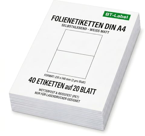 BT-Label 40 Polyesteretiketten (Format 210 x 148 mm) auf 20 DIN A4 Blatt Klebeetiketten Folie Wetterfest weiß (2 pro A4 Blatt) selbstklebend bedruckbar mit Laserdrucker