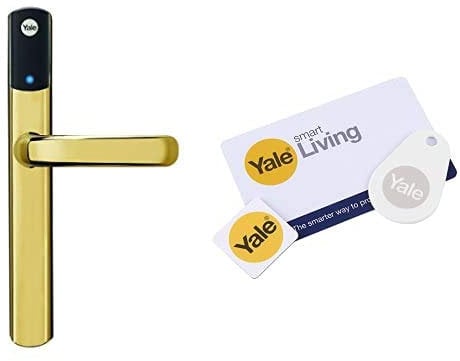 Yale Conexis L1 Smart Keyless Door Handle for Home Security, Remote Lock/Unlock, App Control, Gold Finish [BSI Approved] + Add-on Phone Tag, White Key Card & Key Tag Accessory Bundle