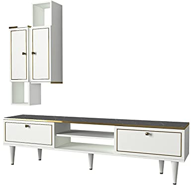 moebel17 6009 Ravenna Wohnwand TV Lowboard Schrankwand Mediawand, Weiß Marmor, Holz, Hängeschränke, viel Stauraum, für Wohnzimmer, Designerstück, goldene Verzierungen, 180 x 51 x 32 cm