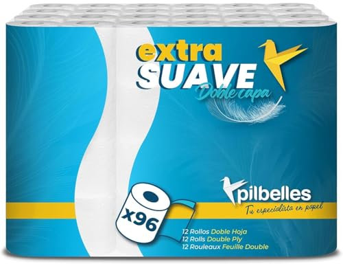 PILBELLES Papier Toilette Double Épaisseur Ultra Doux | 96 Rouleaux | 2 Couches Résistantes | Convient aux Peaux Sensibles | Sans Parfum | Certifié Ecolabel