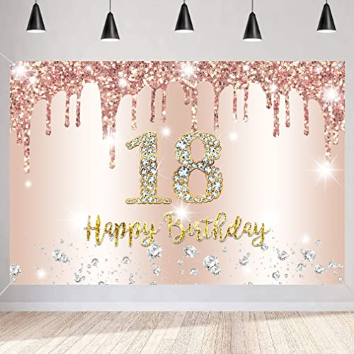 18. Geburtstag Mädchen Deko, 18 Geburtstag Banner Roségold Stoff Schild Plakat, Happy 18 Birthday Hintergrund Banner Mädchen Geburtstagsfeier Deko