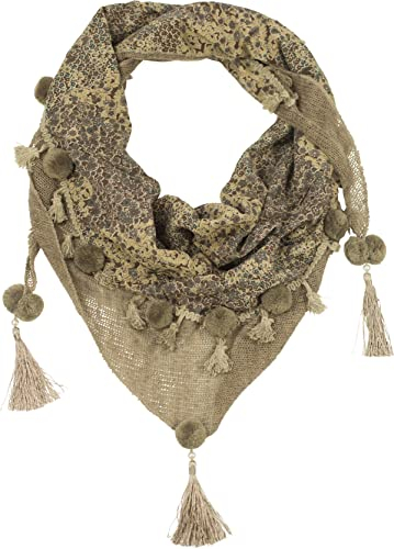 fashionchimp Damenschal mit Zier-Quasten und Muster-Mix Stickerei, Fransen-Schal, Dreieck-Tuch (Pattern-Beige)
