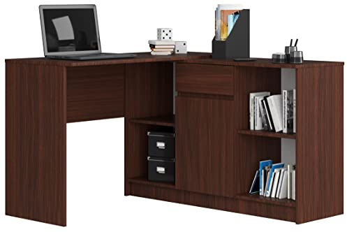 AKORD Eck-Schreibtisch B-17, 2-in-1 Kombination Schreibtisch + Kommode mit 1 Schublade, 1 Ablagefach mit Tür und 2 offenen Ablagen | B120 x H79/77 x T126, 68 kg | Wenge