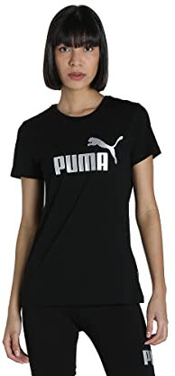 PUMA Damen Essentials+ Metallic Logo Women's T-shirt Tee, Black-silver Metallic, XS EU
