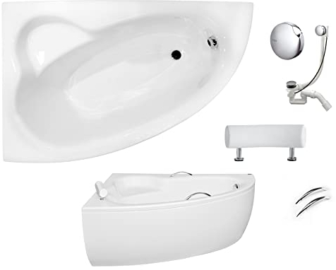 VBChome Badewanne 150x100 cm Acryl SET Schürze Siphon Wanne Ecke Eckbadewanne Weiß Design Modern Ablaufgarnitur Viega Simplex Wanne links Schürze Ablaufgarnitur Füße Griffe Kopfstütze