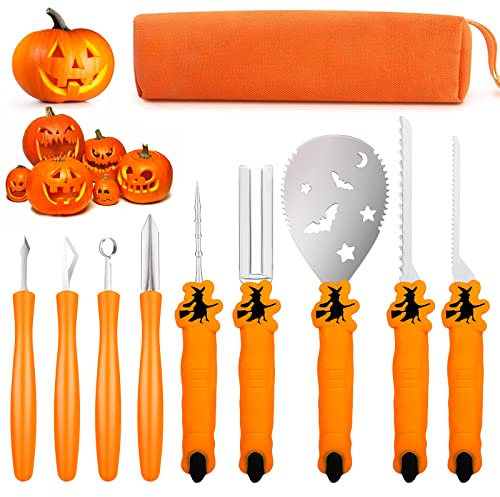 BestCosy Pumpkin Carving Kit Tools Halloween, Professional Heavy Duty Carving Set, Stainless Steel Sculpting Tool Carving Knife for Halloween Decoration Jack-O-Lanterns, Gift for Halloween(9PCS)