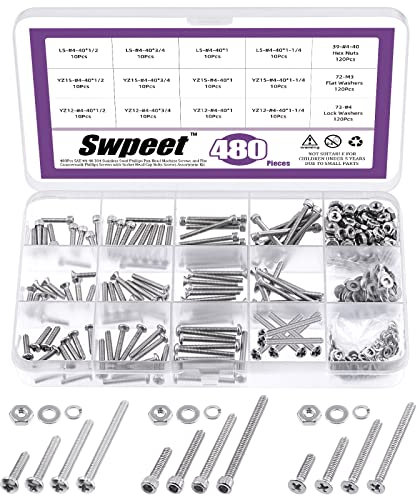 Swpeet 480Pcs SAE #4-40 304 Stainless Steel Phillips Pan Head Machine Screws and Flat Countersunk Phillips Screws with Socket Head Cap Bolts Screws Assortment Kit, Hex Nuts Washers All Included