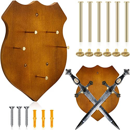 Wooden Sword Plaque Wall Mount Display Stand with Hardware Hanger, Brown