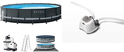 Intex Frame Pool Set Ultra Rondo XTR Ø 549 x 132 cm, Pool, Sandfilteranlage, Abdeckplane, Bodenschutzplane, Sicherheitsleiter, GS, Grau, 26330GN & 26670GS Salzwassersystem - Poolreinigung - ECO6220G