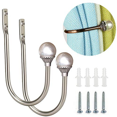 Coolnice 2 Pezzi Ganci Fermatende Decorativi Tenda Ganci Fermatende, a Muro Ganci a U Fermatenda, Perla di Plastica Metallo Supporto, per Soggiorno Camera da Ufficio Sala da Pranzo-Argento
