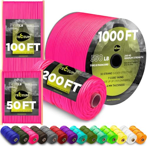 TECEUM Paracord Type III 550 Sofit Pink – 15 m – 4mm – Tactical Rope MIL-SPEC – Outdoor Para Cord – Camping Hiking Fishing Gear and Equipment – EDC Parachute Cord – Strong Survival Rope (50ft) 315