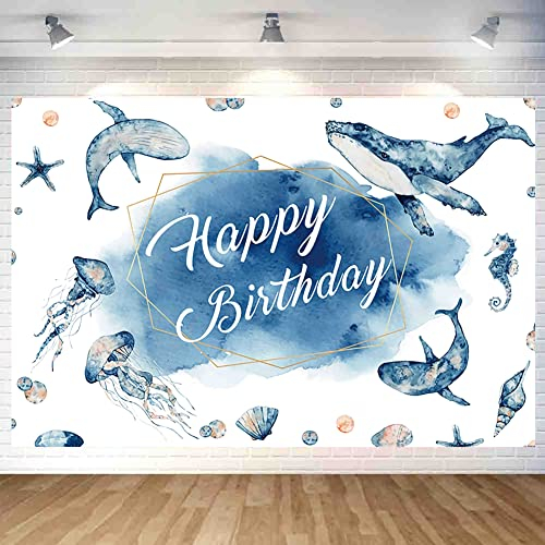 Blue Ocean Happy Birthday Hintergrund Dekorationen Meerestiere Happy Birthday Banner Blue Ocean Foto Hintergrund für Zuhause Indoor Outdoor Geburtstag Party Dekorationen Supplies 70,8 x 47,2 Zoll