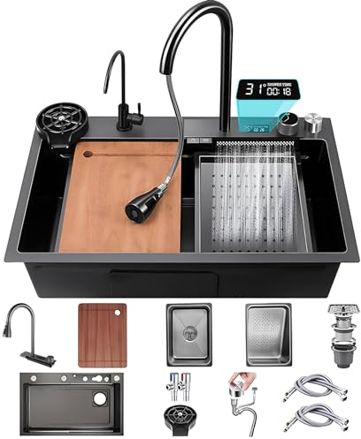 Fregadero De Cocina De Una Cubeta, Nuevo Fregadero En Cascada De Acero Inoxidable De Inteligencia, Instalación Empotrada O Bajo Encimera (Color : Black-Grey, S : 68x46cm)