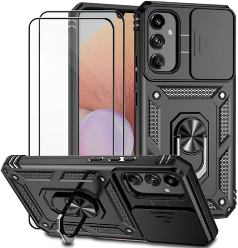 Dechyi Coque pour Samsung Galaxy A34 5G avec Verre TrempéLentille Coulissante Couverture Support d’Anneau Rotatif Armor Silicone Étui Antichoc Housse Bumper-Noir