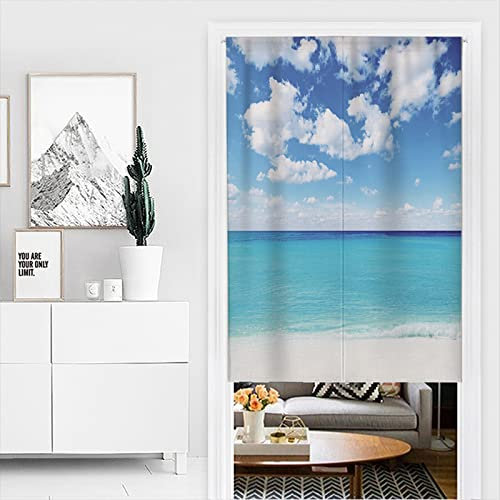Mateju Japanischer Vorhang tür Noren, Sandstrand Muster Verdicken Leinen Kurz Japanisch Türvorhang für die Heimtextilien Raumteiler, Schattierung Windschild Vorhang (85x200cm,Blaues Meer)