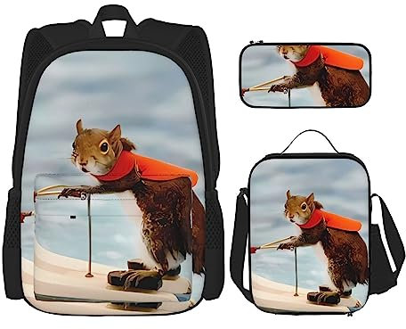 Wasserski Fuchs Eichhörnchen Rucksack 3-teilig Schulranzen mit Brotdose und Federmäppchen Set > Geeignet für Jungen und Mädchen, Schwarz , Einheitsgröße, Kinderrucksack