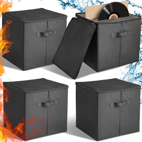 Suzile 4 Stück schwarze Vinyl-Schallplatten-Aufbewahrungsboxen, 34,5 x 32,9 x 32,9 cm, für Schallplatten, passend für 7, 8, 10, 12 Zoll Albumaufbewahrung für Vinyl-Schallplatten, hält bis zu 90