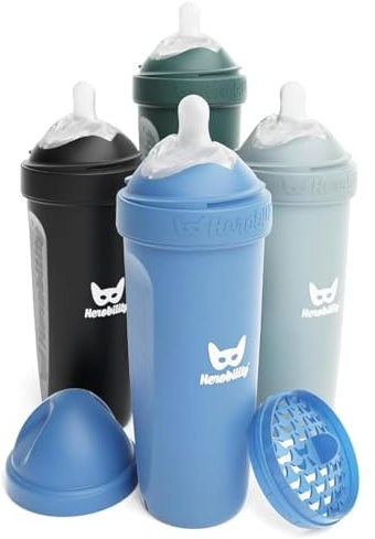 Herobility Doppelte Anti-Kolik-Babyflaschen – 12 fl oz/340ml – 4er-Pack – Mehrfarbig baby flaschen – Denim, Schwarz, Dunkelgrün, Grau