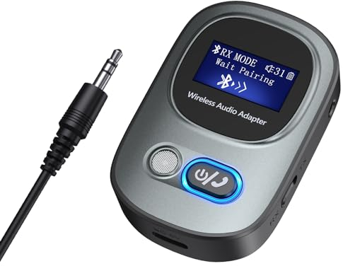 Ankilo Bluetooth 5.3 Transmisor Receptor, Adaptador Bluetooth 3 en 1 para Coche con Pantalla, Indicador de Nivel de Batería, Plug and Play para Coches, Altavoces, Auriculares