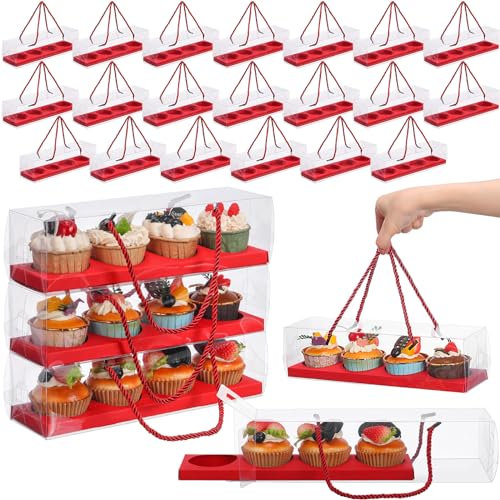 Thenshop Transparente Cupcake-Boxen mit Karton und Griff, 30,5 x 7,6 x 7,6 cm, rechteckige Cupcake-Behälter, Bäckerei-Kuchen-Boxen für Cupcakes, Dessert, Muffins, 4 Fächer, Rot, 24 Stück