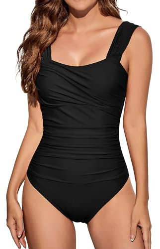 VECENEY One Piece Swimming Costume Women Tummy Control Modest Swimwear Square Neck Ruched Swimsuit Black XXL