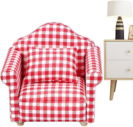 Meindin Miniatur-Sofamöbel, Miniatur-Sofa - Puppensessel im Maßstab 1:12 mit Kissen - Rot Kariertes Miniatur-Möbelspielzeug mit hoher Simulation für Puppenhäuser, Kinder und Erwachsene, begeisterter