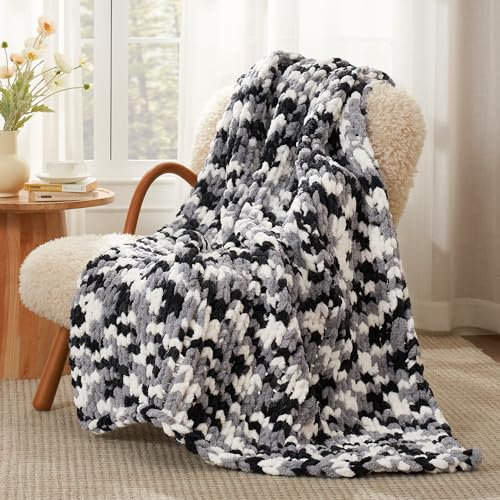 Amélie Home Grobstrick-Decke, Überwurf, dickes, weiches Chenille-Garn, warm, handgefertigt, Seilknoten-Decke für Couch, Sofa, Bett, 50 x 60 cm, Space Dye Schwarz