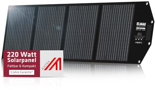 ELMAG Faltbares Solarpanel SOLAR 220 Monokristallines 220W Solarmodul für tragbare Powerstations 18V DC Solarpanel mit integrierten Stützfüßen Ideal für Outdoor, Camping & Wohnmobil
