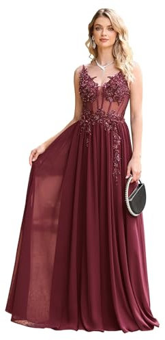 Misshow Luxueux Robe de Soirée Longue Grande Taille Sexy Chic Elégante Robe de Bal Promo en Mousseline Perlée Paillettée Robe Bapteme Femme Bordeaux 44